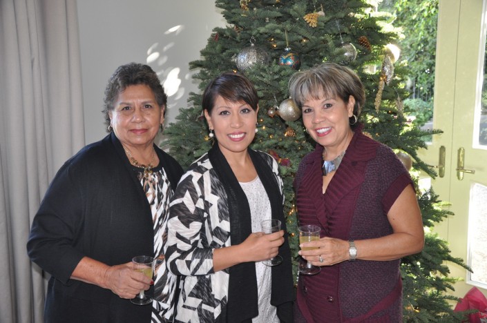 three women posing with wine glasses in front of a decorated tree