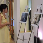 a woman in a yellow dress with floral neckline standing in front of photos set on easels
