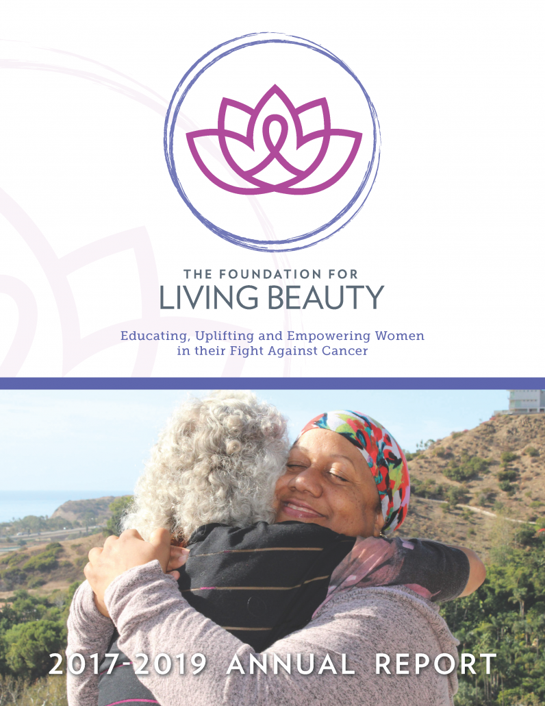 cover for Foundation for Living Beauty 2017-2019 annual report showing logo and two women hugging