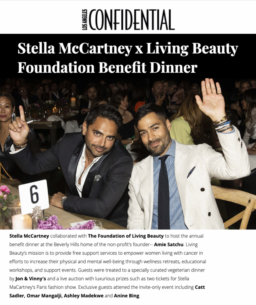 LA Confidential article showing Stella McCarthy and Living Beauty benefit dinner